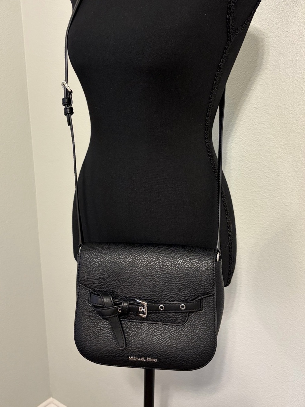 Michael Kors Black Pebbled Leather Buckle Crossbody Bag